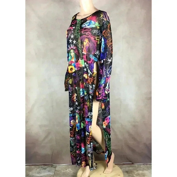 ROUGE NYC Graffiti Printed QUEEN Savage High Slit Mesh Dress 4X - Picture 1 of 8